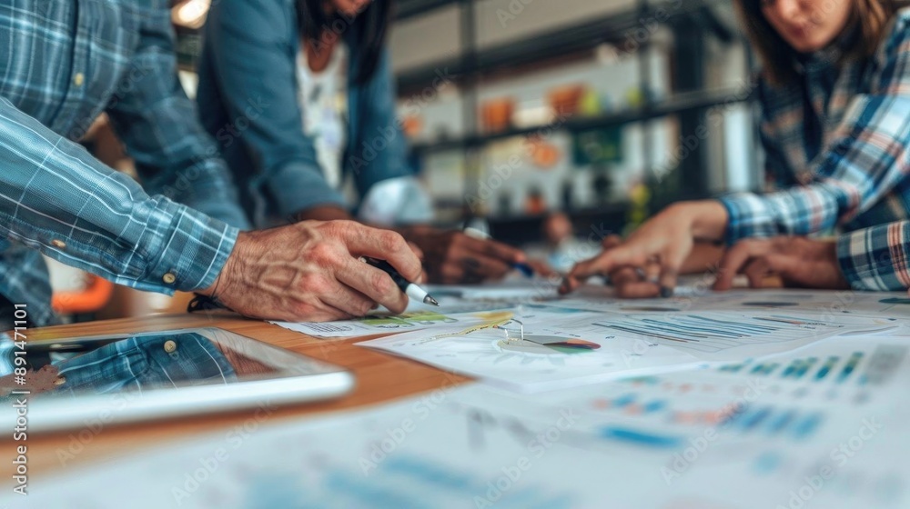 Fototapeta premium Business people collaborating over a project, detailed analysis documents on table, modern office setting, dynamic and focused atmosphere