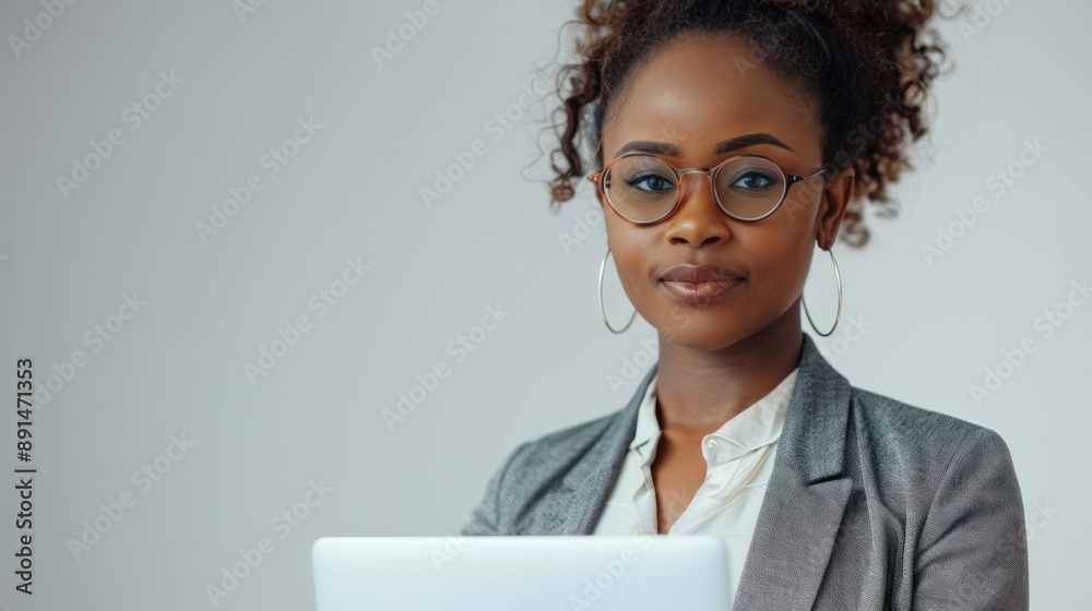 A woman in a business casual outfit, confidently holding a laptop against a white background, perfect for a corporate setting A woman in a business casual outfit, confidently holding a laptop against a white background, perfect for a corporate setting