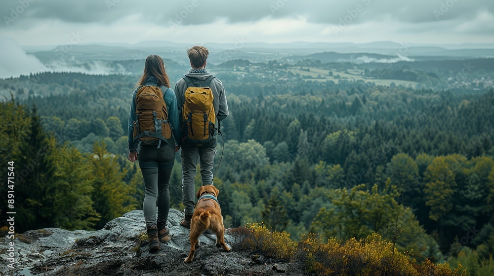 Fototapeta premium A couple with their dog climbing a forested hill, reaching the summit to enjoy a breathtaking view of the expansive landscape below realistic photo, high resolution , Minimalism,