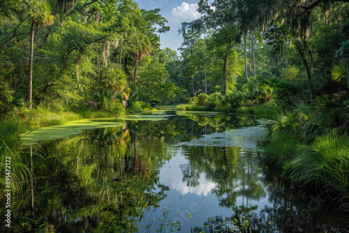 Tranquil waters reflect lush vegetation in Buck Gardner morass
