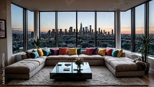 Skyline view from a chic living room. Luxurious interior with a panoramic cityscape at dusk, featuring a plush sofa adorned with colorful cushions, set against floor-to-ceiling windows