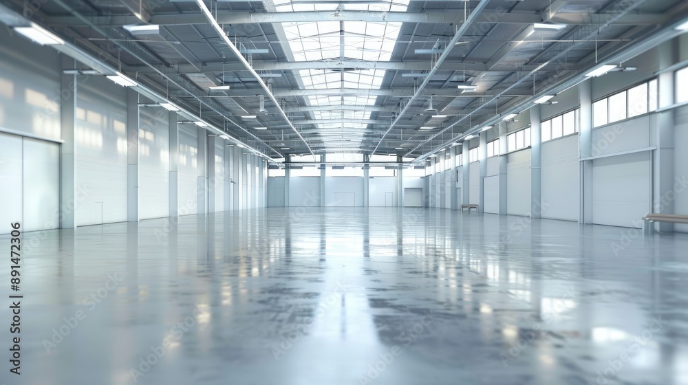A large, empty warehouse with a lot of light shining on the floor. The space is open and airy, with no furniture or people visible. Scene is one of emptiness and solitude A large, empty warehouse with a lot of light shining on the floor. The space is open and airy, with no furniture or people visible. Scene is one of emptiness and solitude