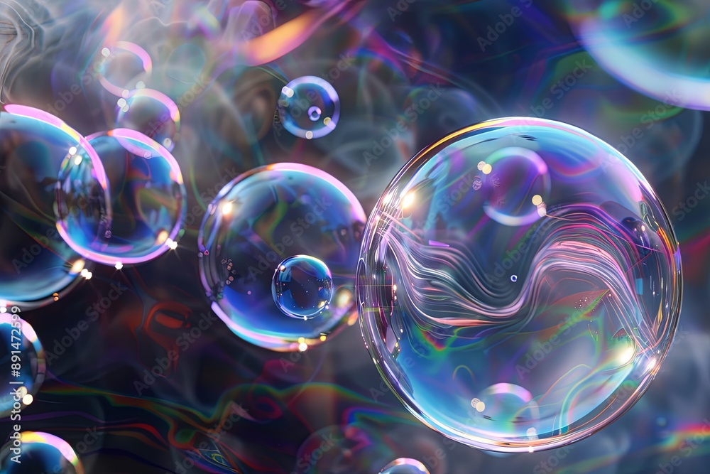 3D clear glass liquid abstract featuring a shiny, iridescent look against a dark background. Transparent, circular glass liquid form with soap bubbles and reflections. 3D representation 3D clear glass liquid abstract featuring a shiny, iridescent look against a dark background. Transparent, circular glass liquid form with soap bubbles and reflections. 3D representation
