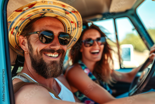 Couple on vacation on the roadtrip having fun driving 