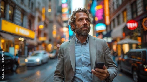 Businessman walking down a city street during rush hour, phone in hand and a look of determination on his face, representing the drive of urban professionals realistic photo, high resolution ,