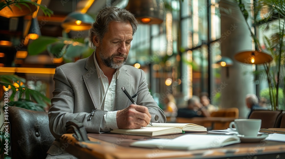Businessman seated in a modern cafÃ©, writing in a journal and sipping an espresso, surrounded by the cafÃ©'s stylish interior realistic photo, high resolution , Minimalism,