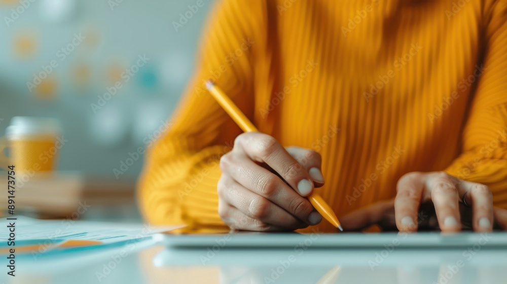 A closeup view of a person's hand writing with a pencil on a tablet device, emphasizing the blend of traditional writing tools with modern digital technology in a creative context. A closeup view of a person's hand writing with a pencil on a tablet device, emphasizing the blend of traditional writing tools with modern digital technology in a creative context.