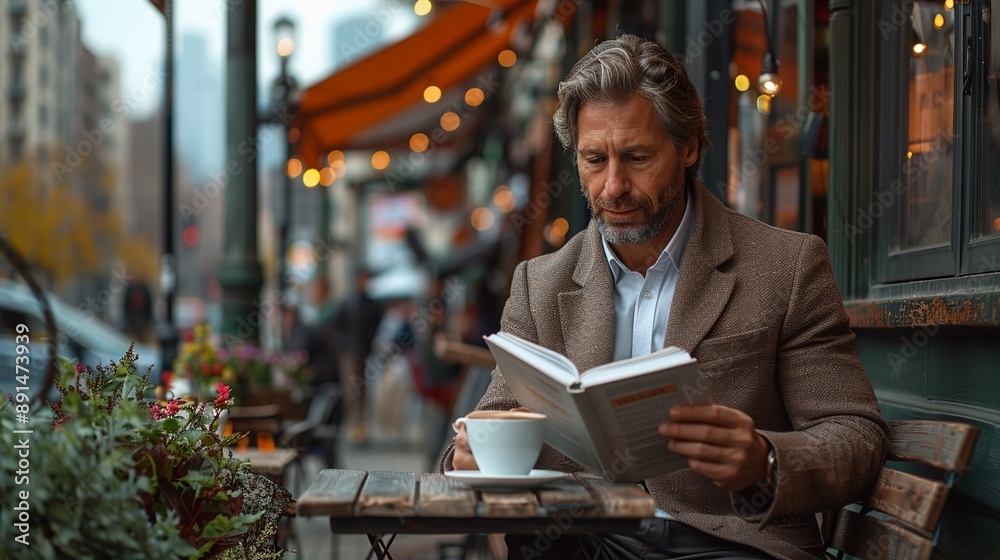 Businessman seated at a coffee shop's outdoor patio, reading a business book and enjoying a latte, with the cityscape in the background realistic photo, high resolution , Minimalism, Businessman seated at a coffee shop's outdoor patio, reading a business book and enjoying a latte, with the cityscape in the background realistic photo, high resolution , Minimalism,