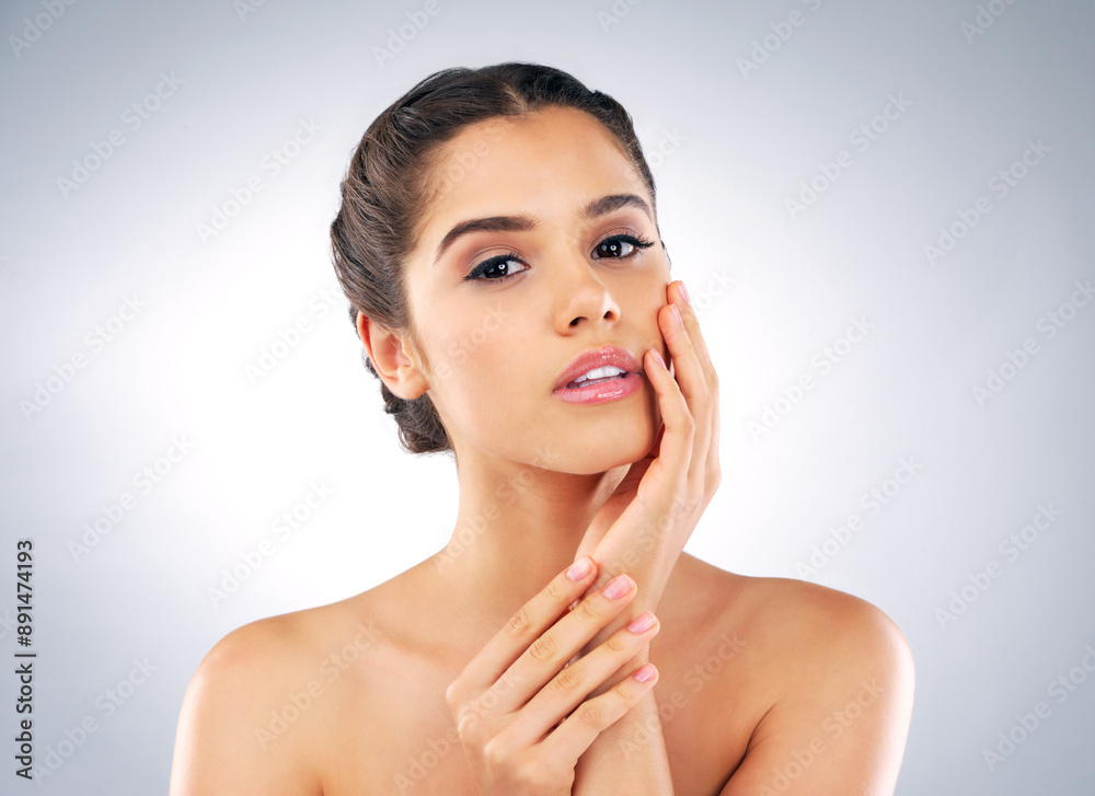 Portrait, touch and skincare of woman with beauty, shine or health isolated on white studio background. Face makeup, glow or confident model in cosmetics at spa for treatment, dermatology or wellness Portrait, touch and skincare of woman with beauty, shine or health isolated on white studio background. Face makeup, glow or confident model in cosmetics at spa for treatment, dermatology or wellness