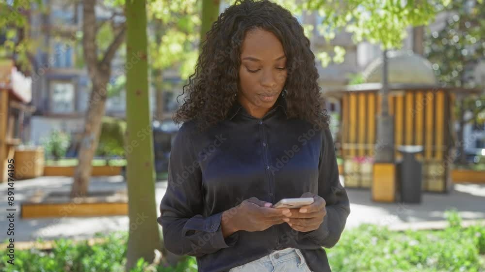 Young african american woman standing in an urban park, using her phone and smiling on a sunny day, capturing the essence of modern city life outdoors. Young african american woman standing in an urban park, using her phone and smiling on a sunny day, capturing the essence of modern city life outdoors.