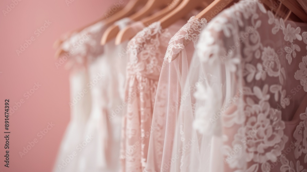 A beautiful scene of elegant lace wedding dresses hanging on wooden hangers, showcasing the intricate fabric details and soft pastel colors, perfect for a bridal boutique. A beautiful scene of elegant lace wedding dresses hanging on wooden hangers, showcasing the intricate fabric details and soft pastel colors, perfect for a bridal boutique.
