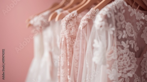 A beautiful scene of elegant lace wedding dresses hanging on wooden hangers, showcasing the intricate fabric details and soft pastel colors, perfect for a bridal boutique.