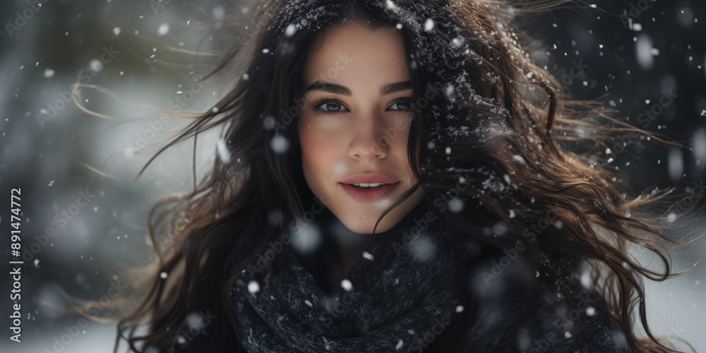 A portrait of an attractive woman standing in the snow, wearing a grey coat and black sweater. She has long dark hair blowing around her face. Snow is falling all over. A portrait of an attractive woman standing in the snow, wearing a grey coat and black sweater. She has long dark hair blowing around her face. Snow is falling all over.
