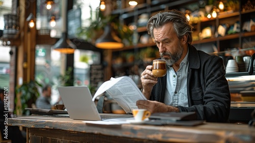Businessman seated at a coffee shop counter, reading a business report on his laptop and sipping an espresso, with the cafÃ©'s ambiance enhancing his focus realistic photo, high resolution ,