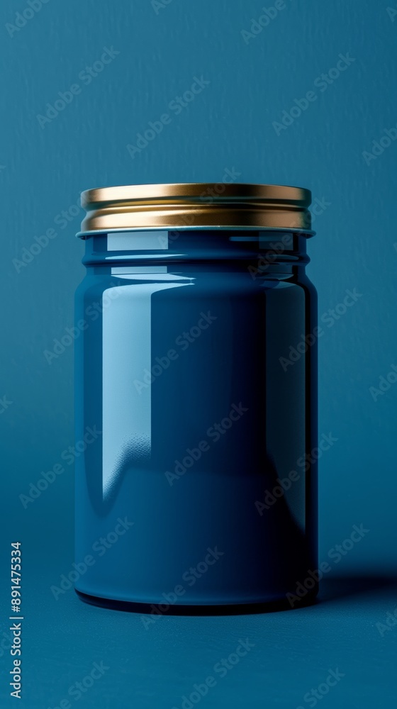 A blue jar with a gold lid sits on a blue background A blue jar with a gold lid sits on a blue background