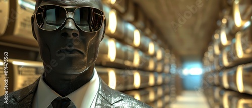 A man in a suit and sunglasses stands in front of a row of filing cabinets photo