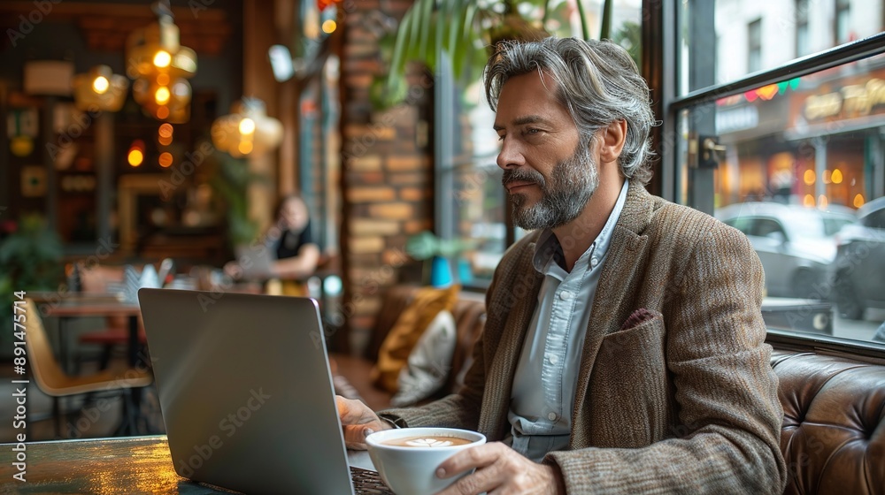 Businessman sitting in a modern coffee shop, focused on his laptop and enjoying a cup of coffee, with the city's dynamic energy visible through the large windows realistic photo, high resolution ,