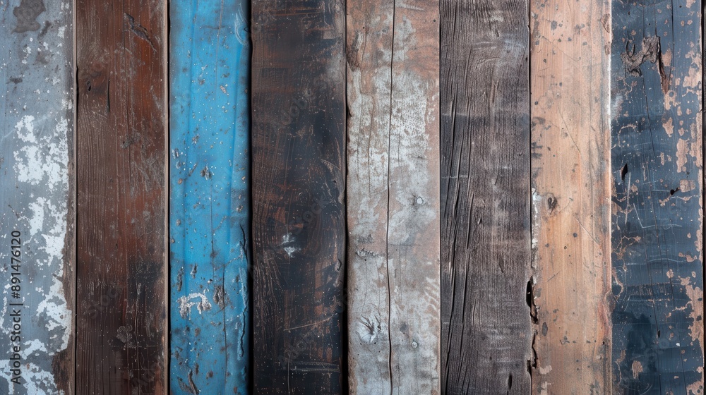 A collection of rustic wooden planks showcasing a range of colors from brown to blue, with visible aging and weathering that emphasize the rich textures and natural wear. A collection of rustic wooden planks showcasing a range of colors from brown to blue, with visible aging and weathering that emphasize the rich textures and natural wear.