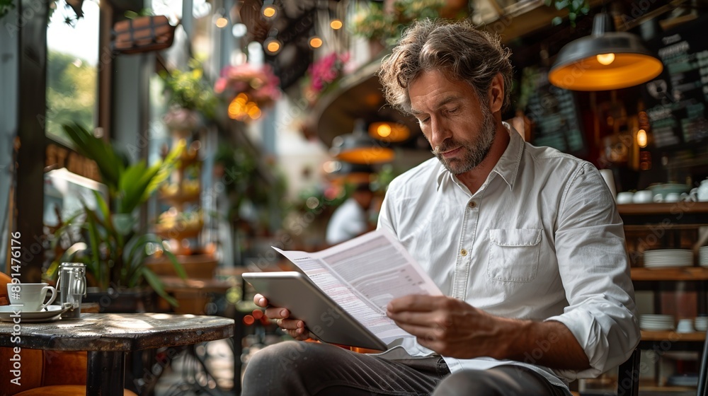 Businessman sitting in a trendy coffee shop, engrossed in reading a report on his tablet, with the café's lively atmosphere in the background realistic photo, high resolution , Minimalism, Businessman sitting in a trendy coffee shop, engrossed in reading a report on his tablet, with the café's lively atmosphere in the background realistic photo, high resolution , Minimalism,
