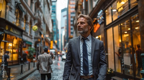 Wallpaper Mural Businessman walking through a city street lined with high-rise buildings, deep in conversation on his phone, embodying the fast-paced lifestyle of urban professionals realistic photo, high resolution Torontodigital.ca