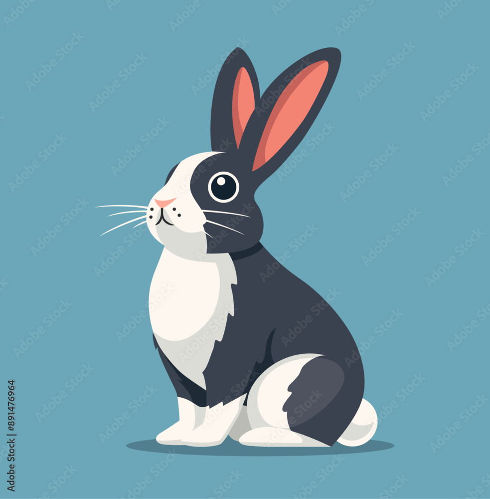 Obraz premium Bunny flat vector illustration. Sitting grey rabbit with white spots and blue background. Minimalistic modern style