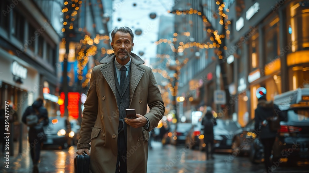 Businessman walking along a bustling city street, phone in hand and a briefcase by his side, capturing the essence of modern urban business life realistic photo, high resolution , Minimalism,