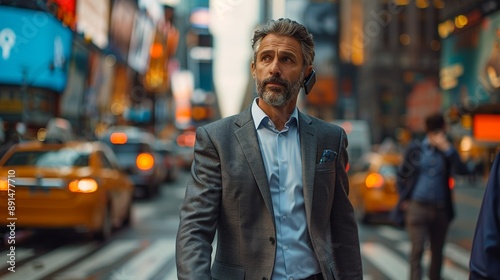 Businessman walking through a busy city intersection, phone to his ear and a determined look on his face, representing the drive and energy of urban professionals realistic photo, high resolution ,