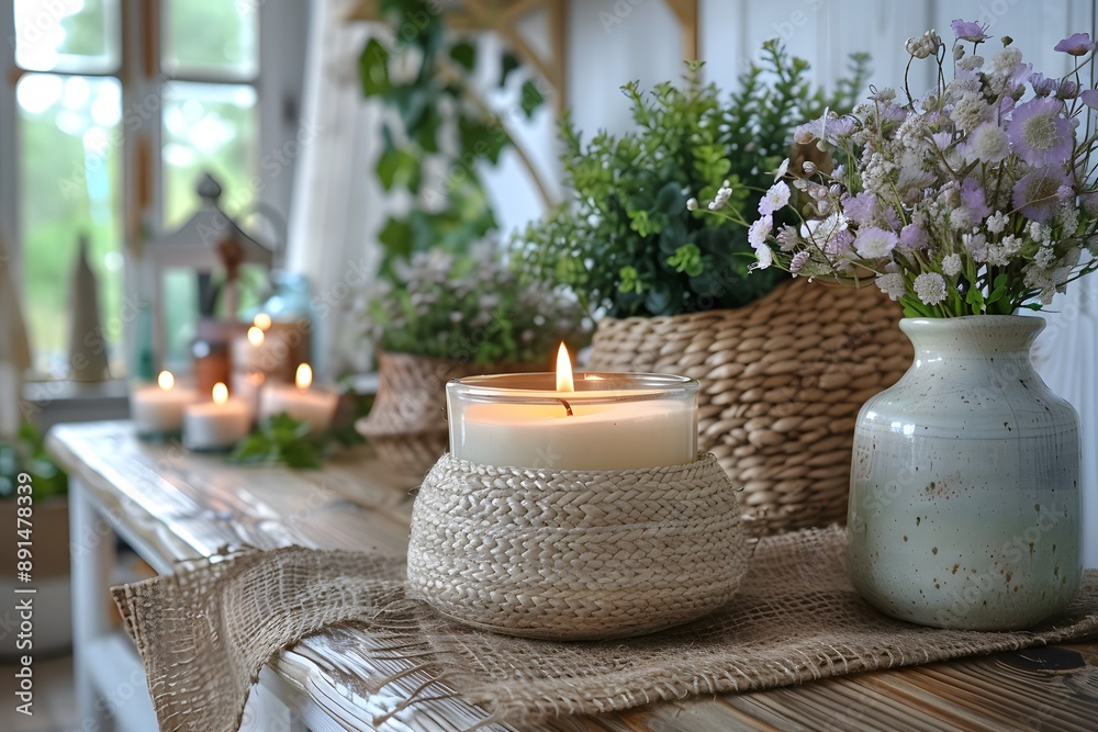Cozy Home Decor with Candles and Floral Arrangements in a Naturally Lit Setting - Perfect for Interior Design or Relaxation Themes Cozy Home Decor with Candles and Floral Arrangements in a Naturally Lit Setting - Perfect for Interior Design or Relaxation Themes