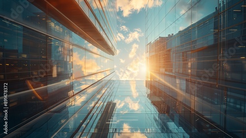 Modern office building or business center. High-rise windor buildings made of glass reflect the clouds and the sunlight. empty street outside wall modernity civilization. growing up business photo