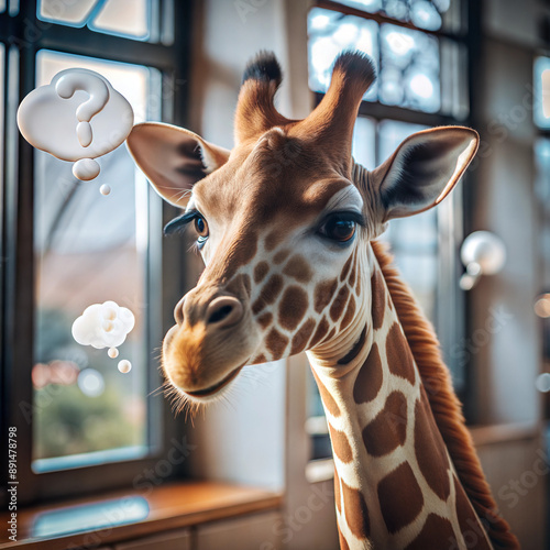 Curious Giraffe with Question Mark Thought Bubbles Indoors