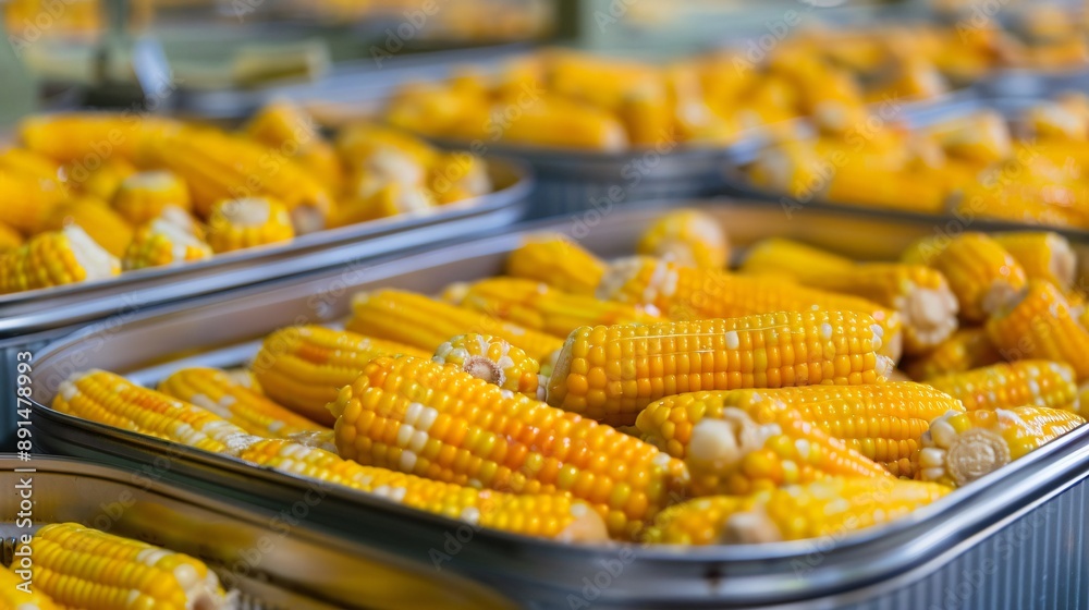 A food factory assembly line where ears of corn are being processed into various corn-based products A food factory assembly line where ears of corn are being processed into various corn-based products