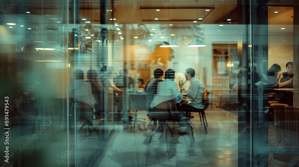 Blurred office with people working behind glass wall Blurred office with people working behind glass wall