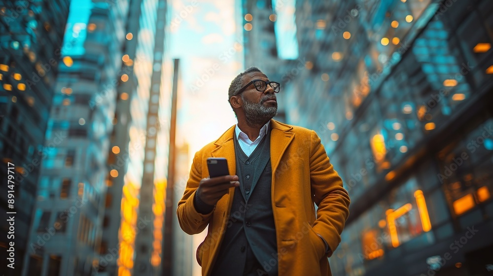 Businessman walking through a city street lined with high-rise buildings, deep in conversation on his phone, embodying the fast-paced lifestyle of urban professionals realistic photo, high resolution Businessman walking through a city street lined with high-rise buildings, deep in conversation on his phone, embodying the fast-paced lifestyle of urban professionals realistic photo, high resolution