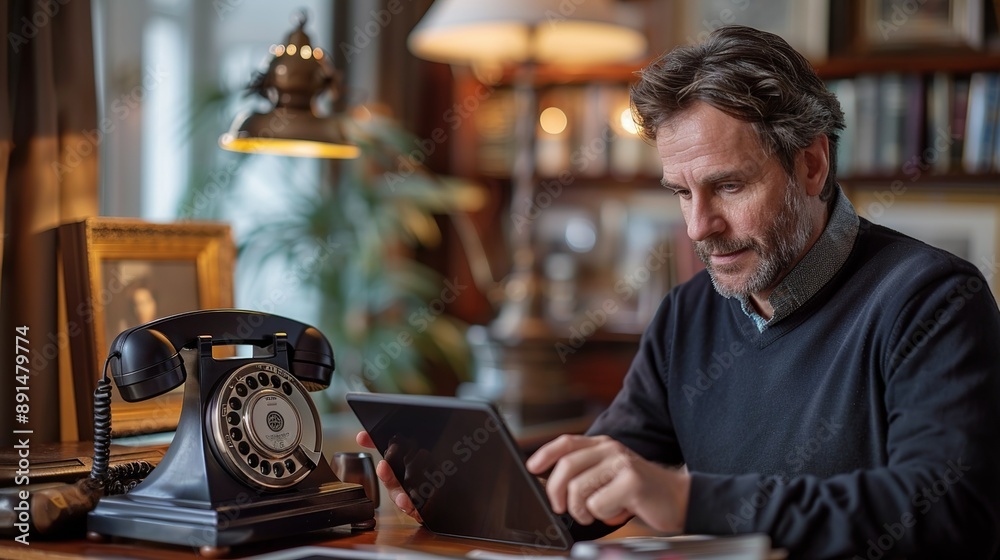 Businessman using a tablet for a video call, while a rotary phone sits on his desk, highlighting the mix of contemporary and retro technology in his office realistic photo, high resolution , Businessman using a tablet for a video call, while a rotary phone sits on his desk, highlighting the mix of contemporary and retro technology in his office realistic photo, high resolution ,