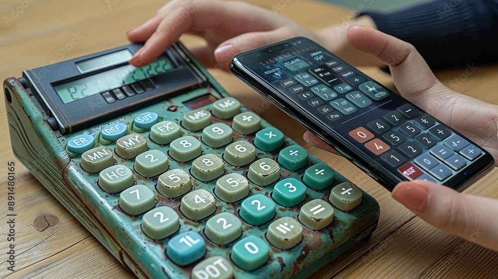 Finance Adding Machine Entrepreneur using a vintage adding machine alongside a contemporary ...