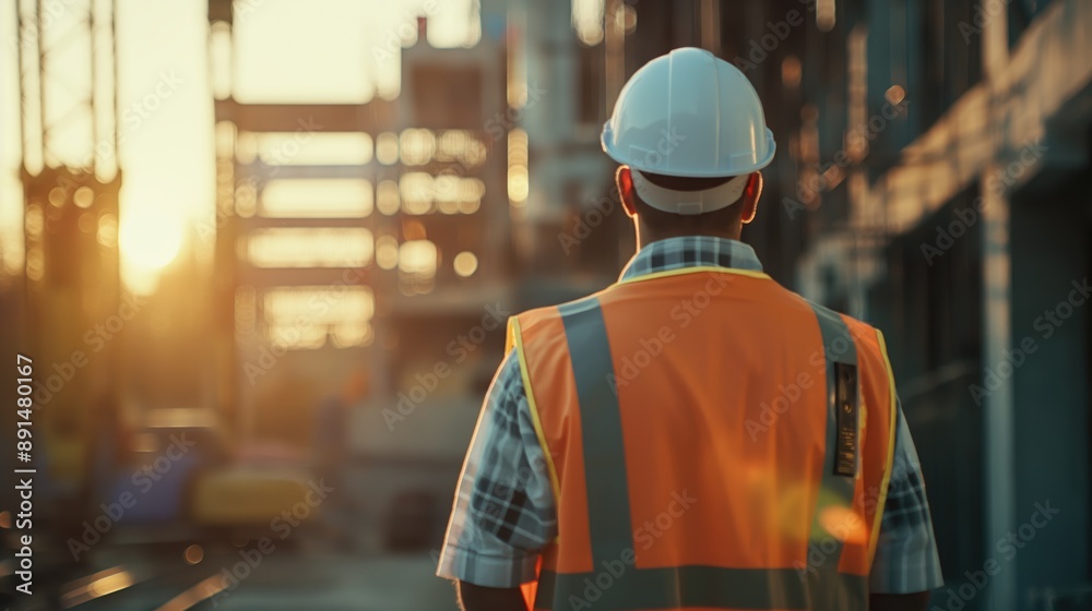A construction worker in a hard hat and safety vest stands on a busy site, reminding everyone of the importance of safety. A construction worker in a hard hat and safety vest stands on a busy site, reminding everyone of the importance of safety.