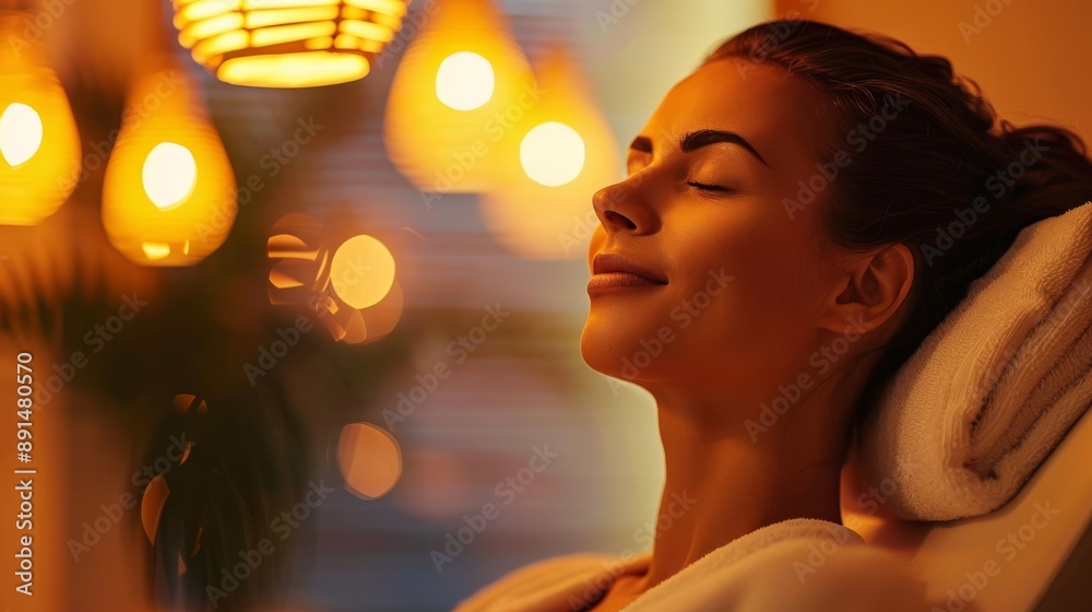 Young woman in a spa salon, her face relaxed and serene as she enjoys a soothing massage, illuminated by warm, ambient lighting Young woman in a spa salon, her face relaxed and serene as she enjoys a soothing massage, illuminated by warm, ambient lighting