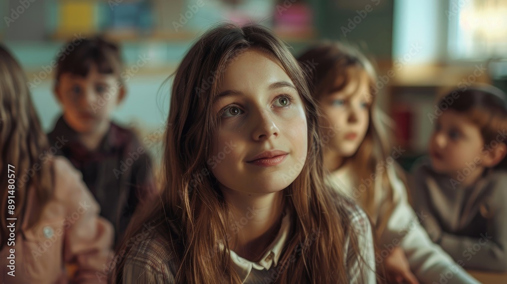Fototapeta premium A young, self-assured primary school teacher with her new students in a school classroom.