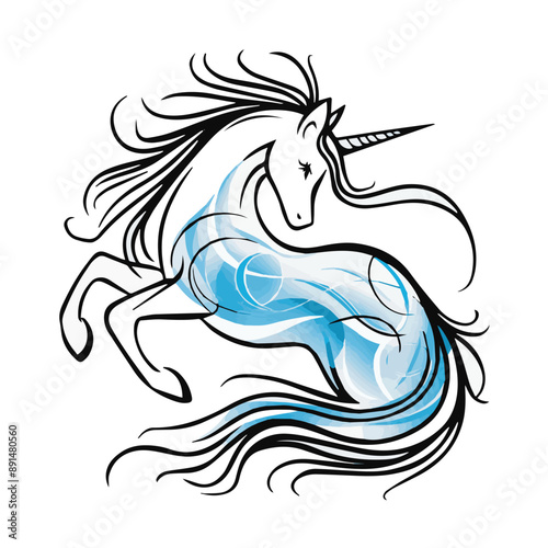 A white unicorn with a black line art design and a flowing blue tail