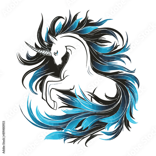 A white unicorn with blue and black mane and tail