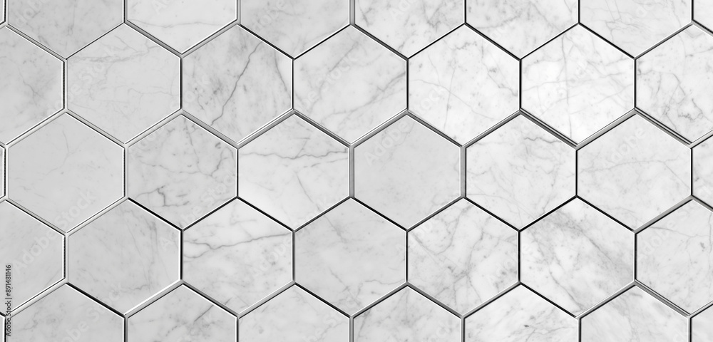 Hexagon tiles of solid marble with white seams, showcasing beautifully textured surfaces that highlight the natural elegance of the material Hexagon tiles of solid marble with white seams, showcasing beautifully textured surfaces that highlight the natural elegance of the material