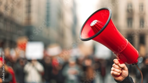 Red megaphone held aloft in a crowd of protesters, emphasizing the significance of vocal activism for social justice
