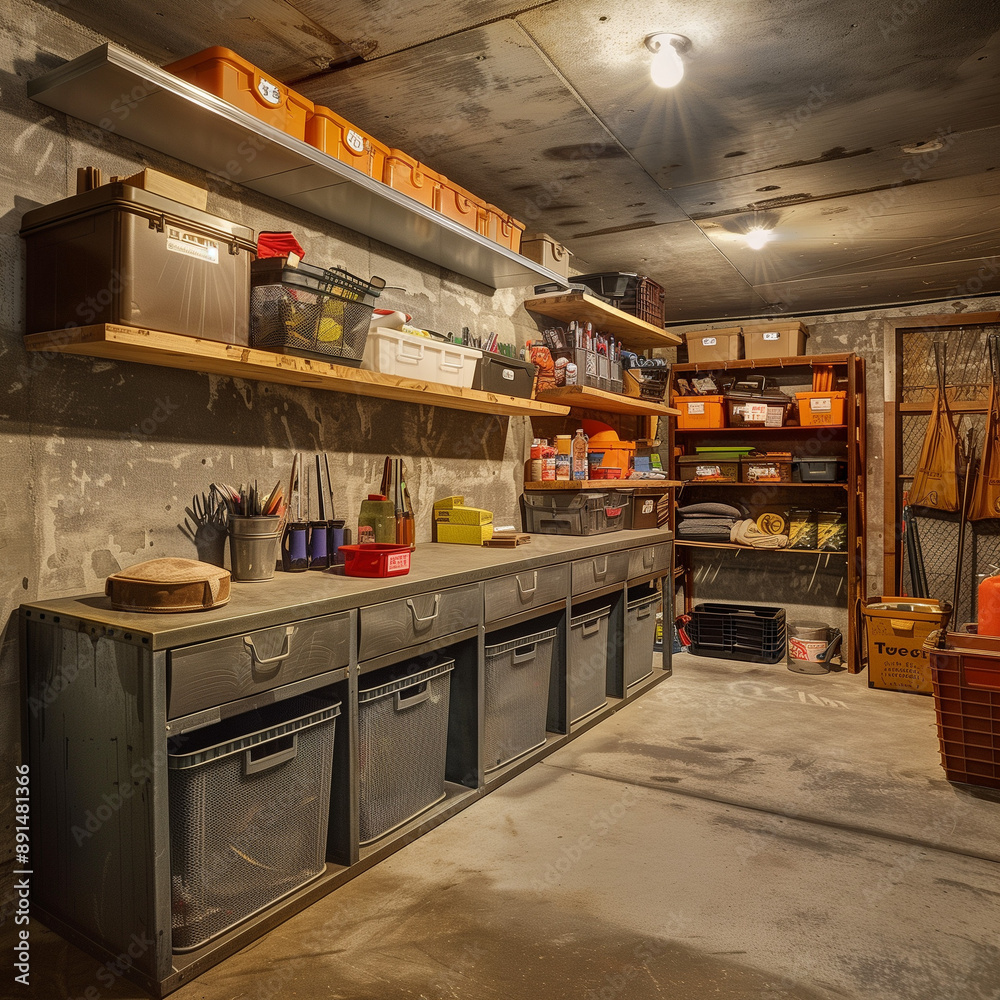 Basement Organization with Sturdy Metal Bins on Cement Shelves