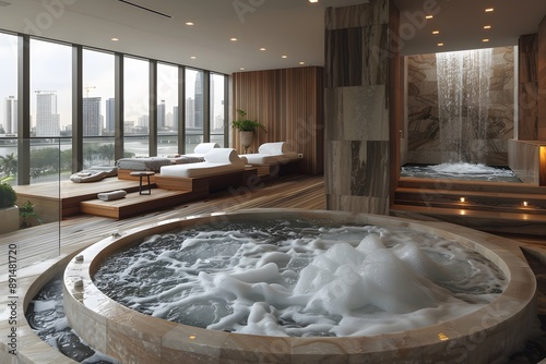 Luxury Spa with Indoor Jacuzzi and City View - Relaxation and Wellness Concept for Spa Promotion and Design Inspiration