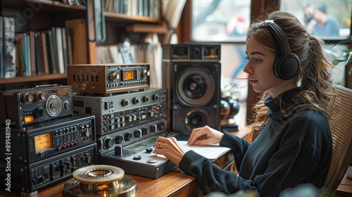 Businesswoman using a digital voice recorder for meeting notes, with a vintage tape recorder displayed on her desk, illustrating the evolution of audio recording devices realistic photo, high photo