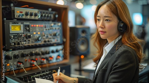 Businesswoman using a digital voice recorder for meeting notes, with a vintage tape recorder displayed on her desk, illustrating the evolution of audio recording devices realistic photo, high photo