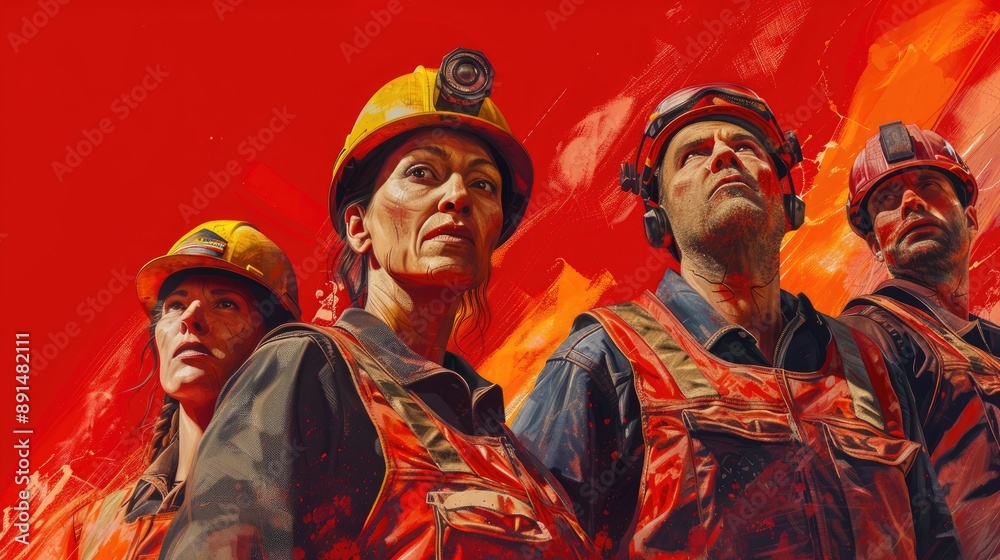 Digital artwork of industrial workers, men and women in safety gear against a red backdrop, honoring the spirit of Labor Day and the importance of industrial labor. Digital artwork of industrial workers, men and women in safety gear against a red backdrop, honoring the spirit of Labor Day and the importance of industrial labor.
