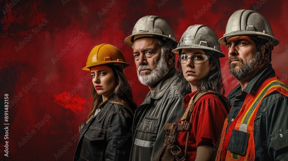 Digital artwork of industrial workers, men and women in safety gear against a red backdrop, honoring the spirit of Labor Day and the importance of industrial labor. Digital artwork of industrial workers, men and women in safety gear against a red backdrop, honoring the spirit of Labor Day and the importance of industrial labor.