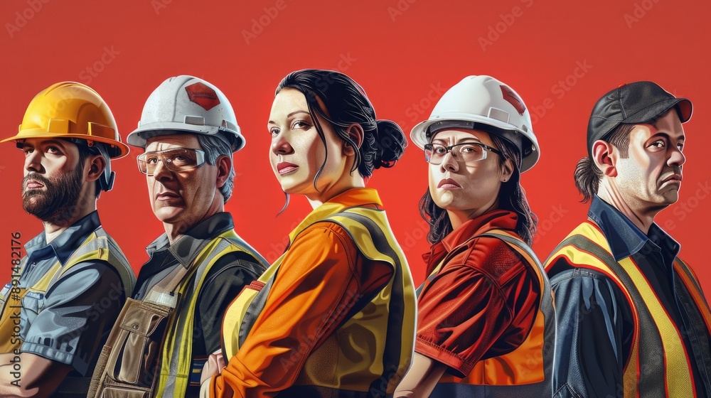 Digital artwork of industrial workers, men and women in safety gear against a red backdrop, honoring the spirit of Labor Day and the importance of industrial labor. Digital artwork of industrial workers, men and women in safety gear against a red backdrop, honoring the spirit of Labor Day and the importance of industrial labor.