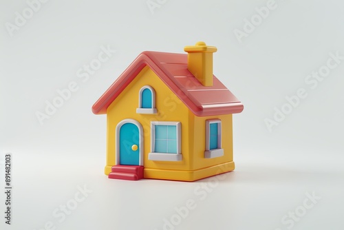 A simplistic 3D home design for app and website interfaces, showcasing a plastic model of a house against a white backdrop, symbolizing safety and protection in a cartoon style